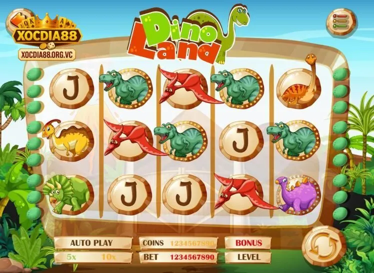  Giao diện Dinosaur Tycoon Xocdia88 với hình ảnh khủng long, trứng và khu rừng nguyên sinh sống động.