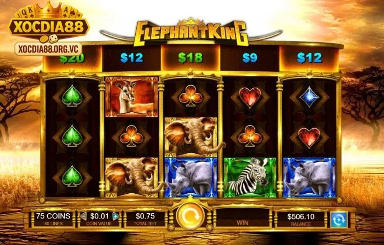 Các biểu tượng trong Lucky Elephant Xocdia88 gồm voi, đồng xu, đèn lồng và biểu tượng jackpot.