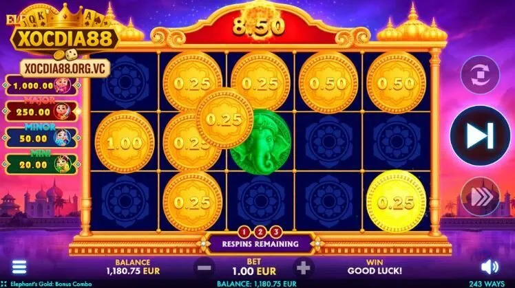 Hệ thống biểu tượng Lucky Elephant Xocdia88 với voi vàng, đồng xu và các icon đặc biệt.