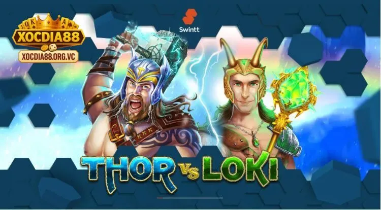  Hệ thống biểu tượng Ragnarok Thor vs Loki Xocdia88 với Thor, Loki và các rune thần thoại.