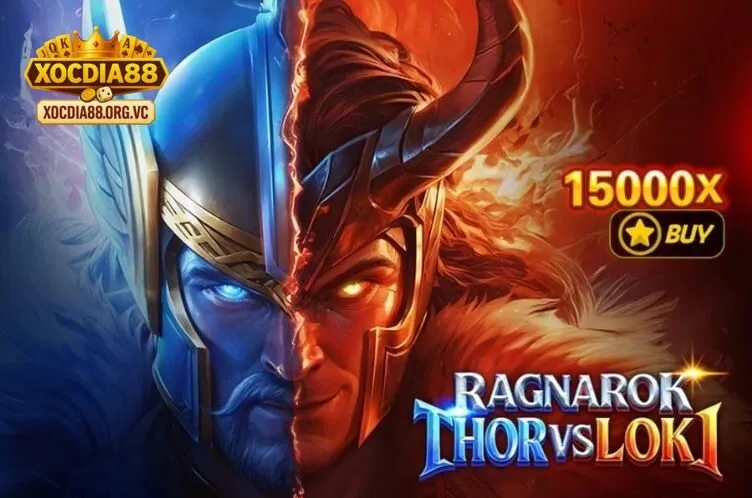 Giao diện Ragnarok Thor vs Loki Xocdia88 với hình ảnh Thor cầm búa sét và Loki đầy bí ẩn trên bảng quay.
